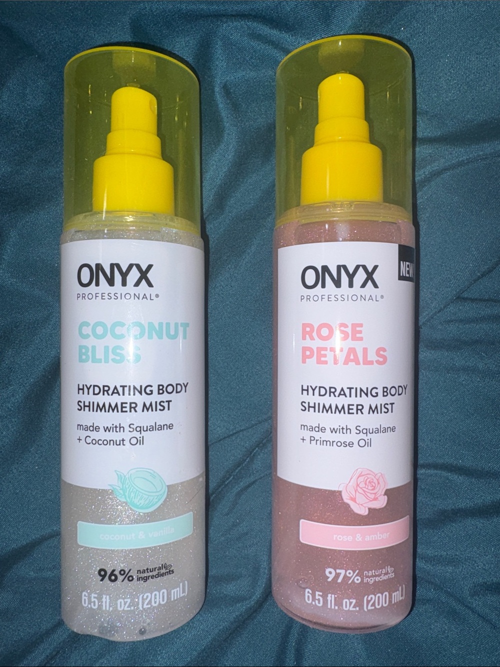 Onyx Hydrating Body Shimmer Mist — Rose & Amber (Pink) & Coconut Bliss (Pearl)
